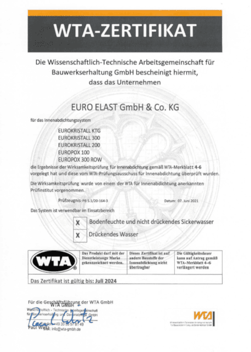 WTA Zertifikat Kellersanierung Fachbetrieb